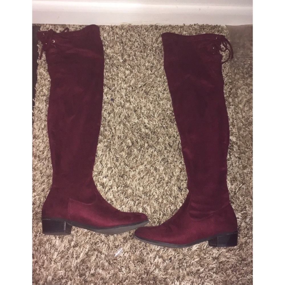 Burgundy and Gold Over-the-Knee Boots